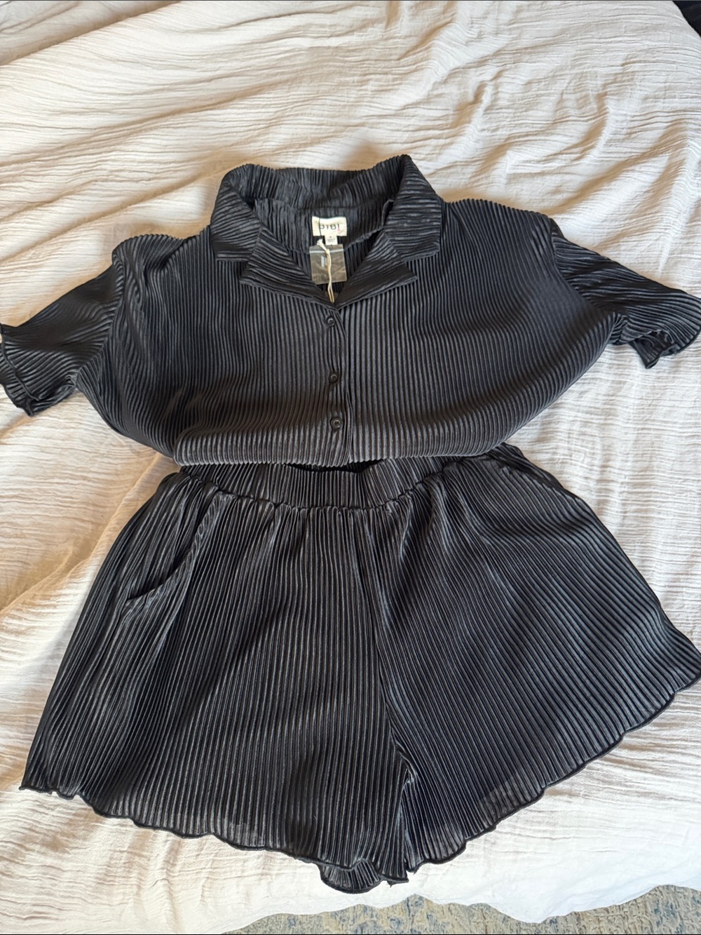 BiBi Black Pleated Button-Front Top and Shorts Set